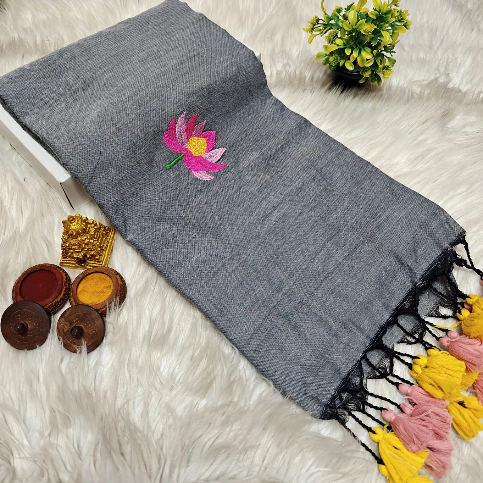 Light Apricot with Pink, Lilac and Gold Lotus Embroidery Khadi Cotton Saree